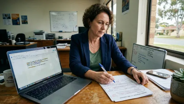 Business owner reviewing AI-generated content on laptop, editing it to sound more human