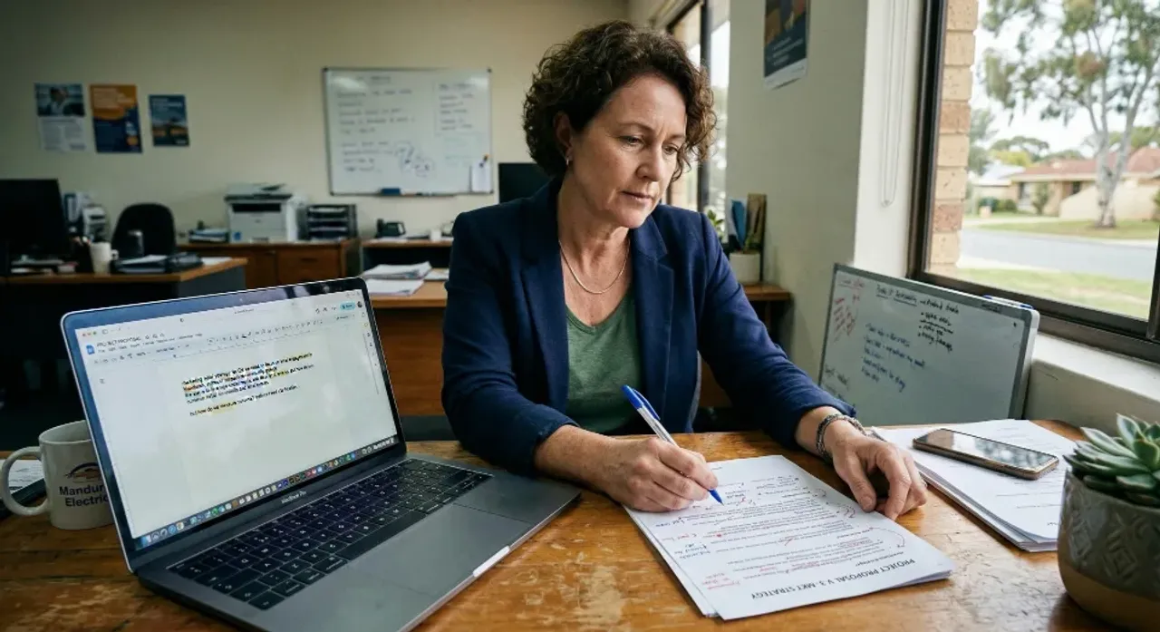 Business owner reviewing AI-generated content on laptop, editing it to sound more human