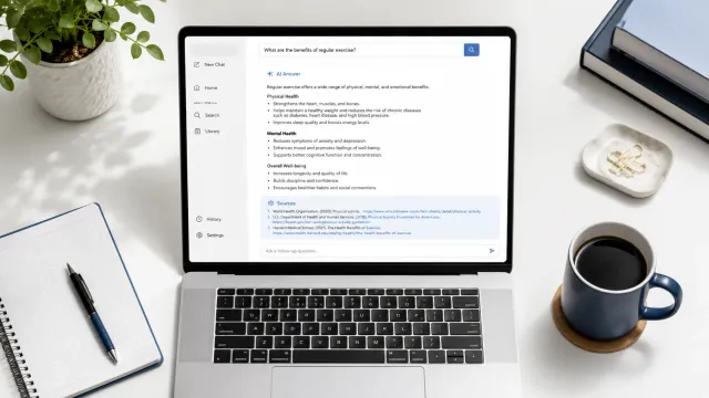 A person reading structured website content on a laptop, with AI search results visible on screen