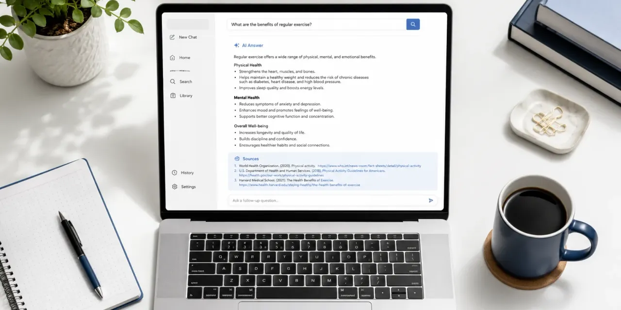 A person reading structured website content on a laptop, with AI search results visible on screen