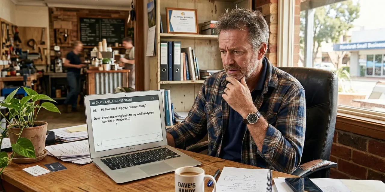 A small business owner sitting at a laptop looking at AI tools for the first time