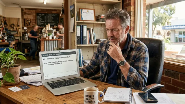 A small business owner sitting at a laptop looking at AI tools for the first time