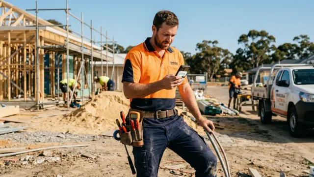 Tradie in work gear checking phone for automated job enquiry response while on site