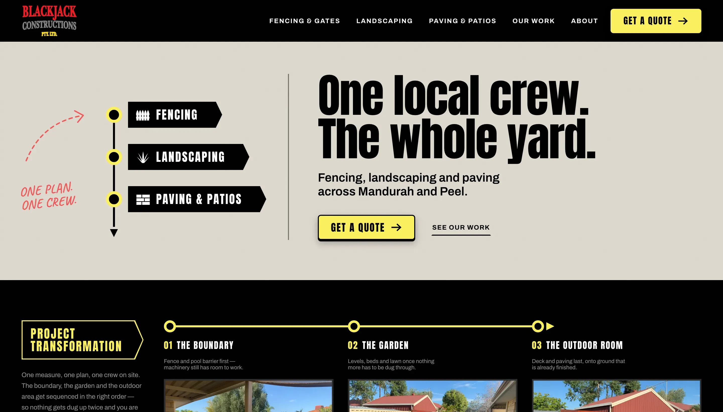 Blackjack Constructions homepage, with the headline One local crew. The whole yard. beside a route running fencing, landscaping, then paving and patios