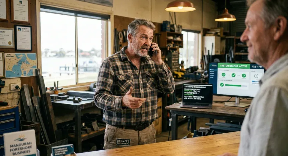 A relaxed business owner while AI handles routine admin tasks in the background