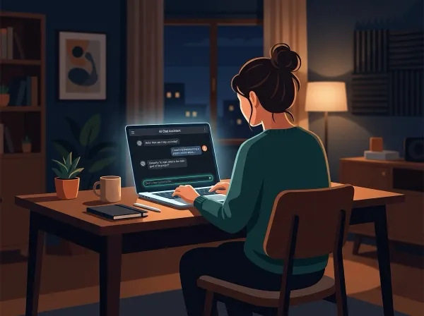 A business owner using a laptop with AI tools open, looking focused not confused