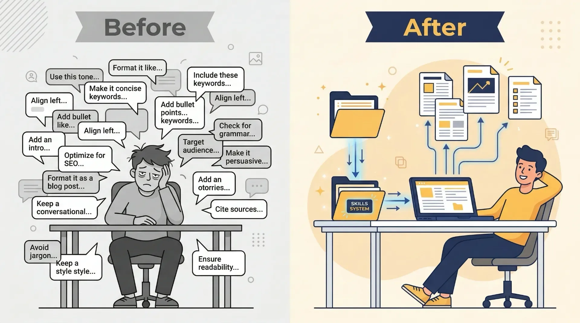 A before-and-after comparison: left side shows repetitive AI prompting, right side shows a single Skill producing consistent results