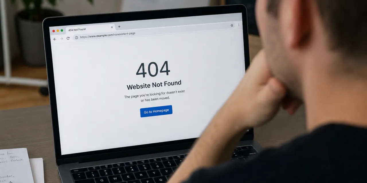 Business owner looking at a website error page on their laptop