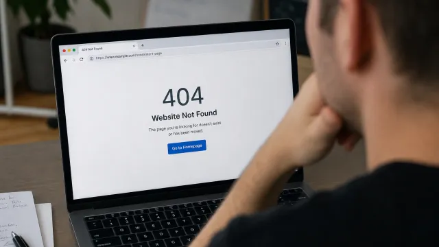 Business owner looking at a website error page on their laptop