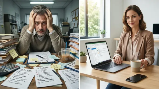 Business owner looking at productivity data comparing AI-enabled vs traditional workflows