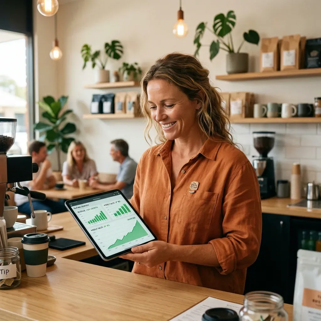 Small business owner reviewing their search rankings and website analytics