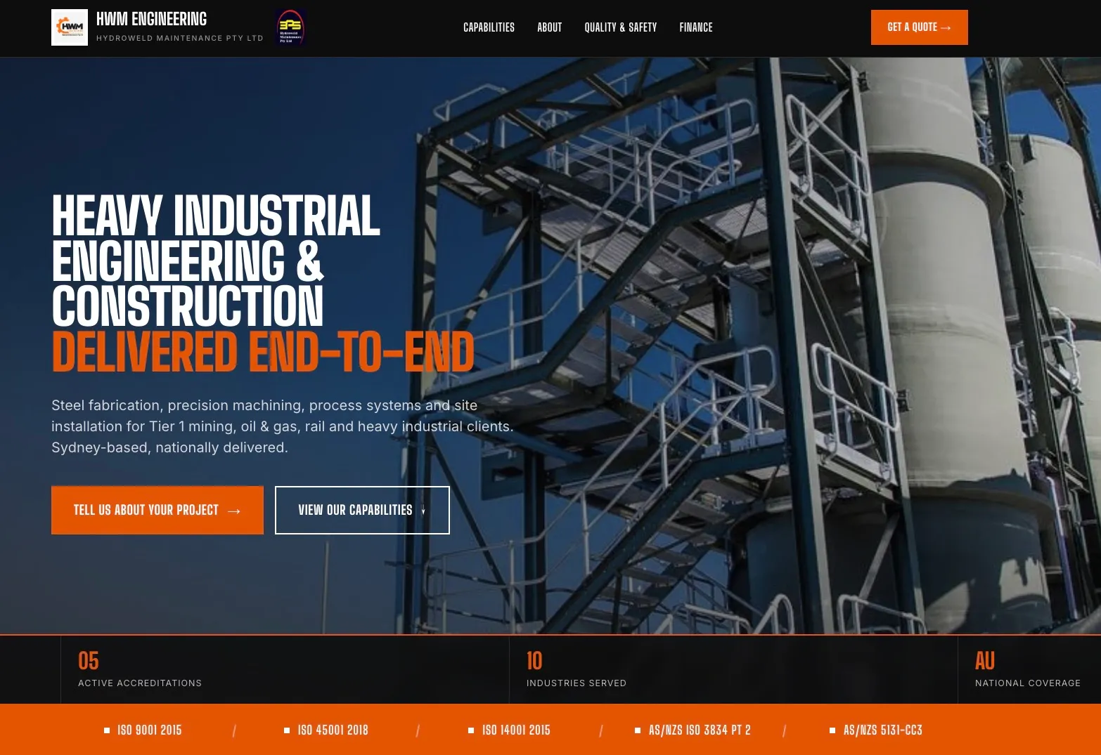 HWM Engineering website homepage showing heavy industrial engineering and construction services