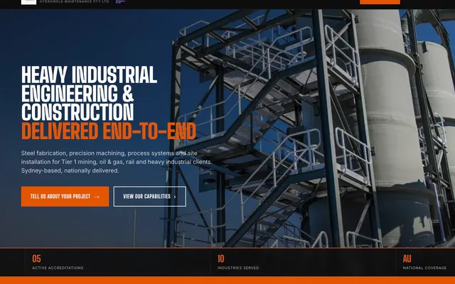 HWM Engineering website homepage showing heavy industrial engineering and construction services
