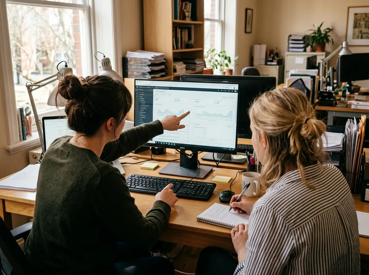 Small business owner and IT technician reviewing computer setup at a desk