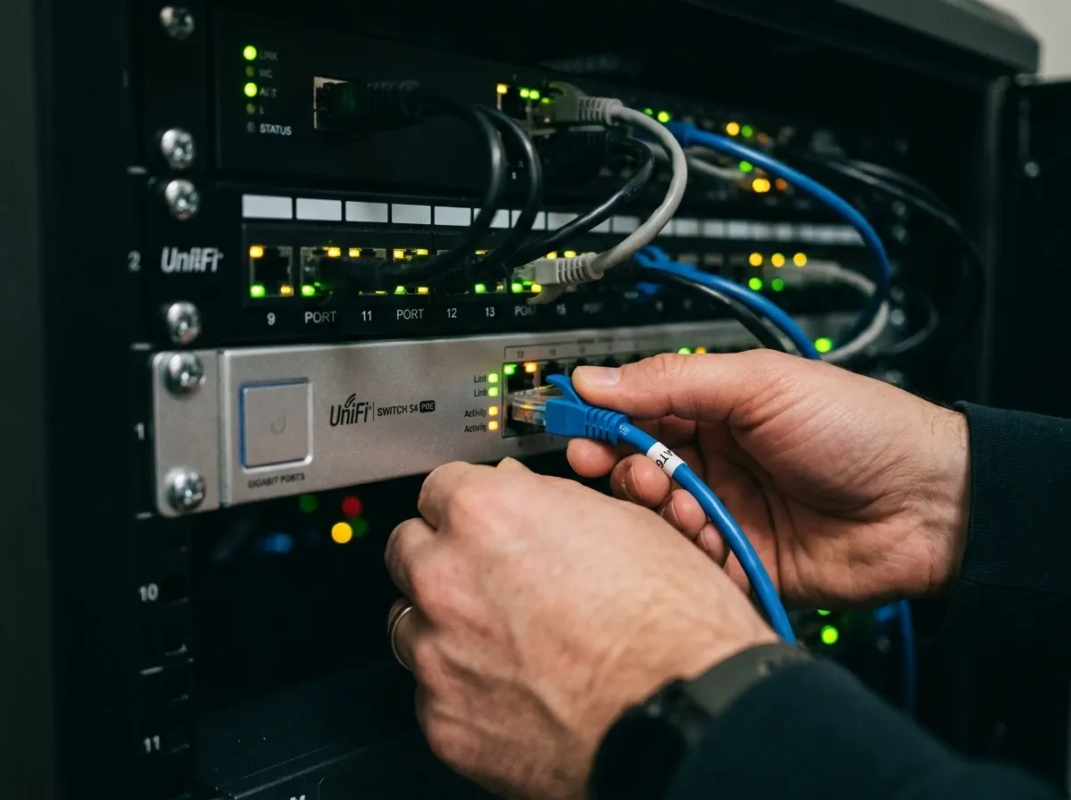 Technician installing and configuring a business Wi-Fi network on site