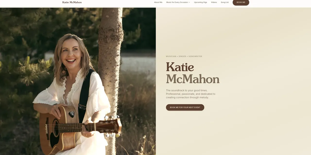 Katie McMahon Music website homepage featuring the Perth-based singer-songwriter