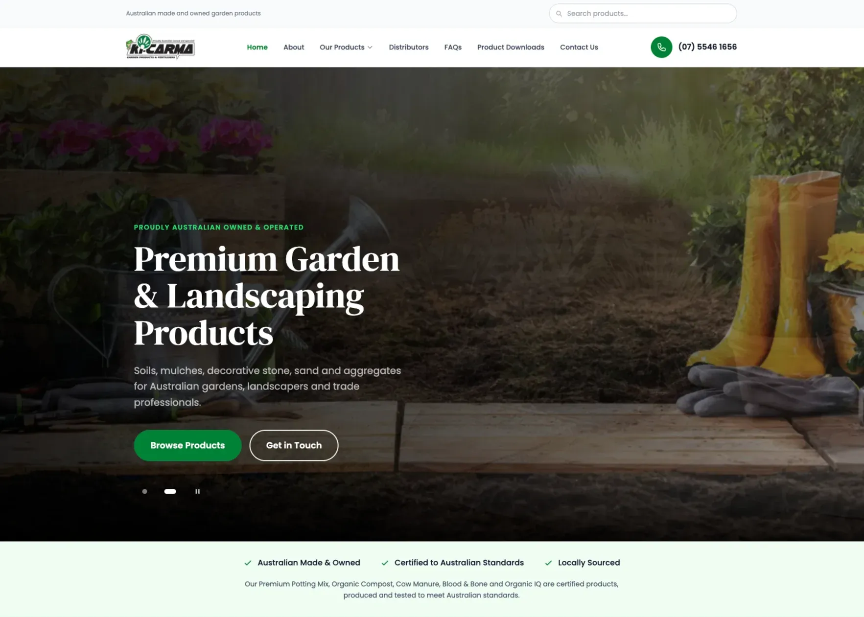 Ki-Carma website homepage showcasing premium garden and landscaping products