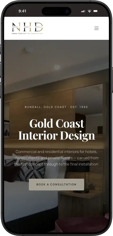 The Noble House Design homepage on mobile, with the NHD monogram, hero headline and a book a consultation button