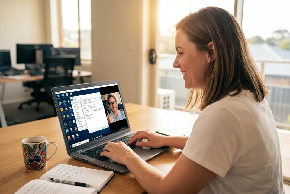 Customer watching a remote tech support session on their laptop
