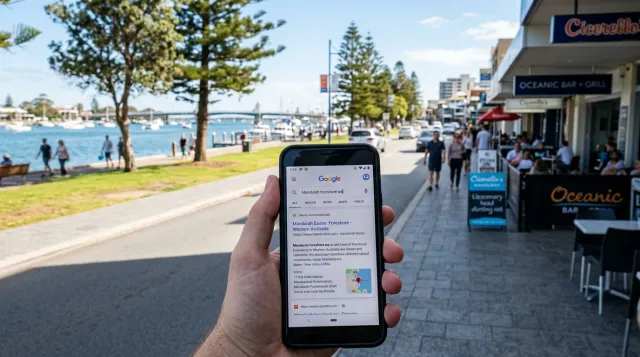 Mandurah business owner reviewing website search rankings on a laptop
