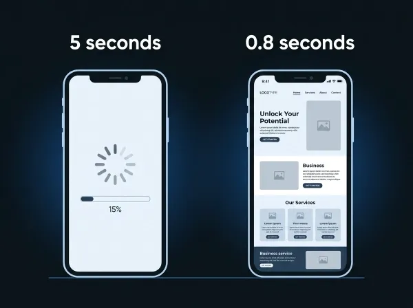 Comparison of a slow-loading website vs a fast-loading one on mobile