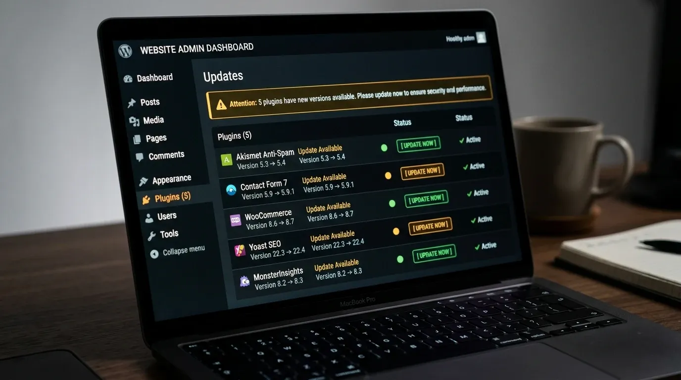 Website dashboard showing performance metrics and update notifications