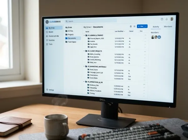 Organised cloud storage folder structure on a computer screen showing business files