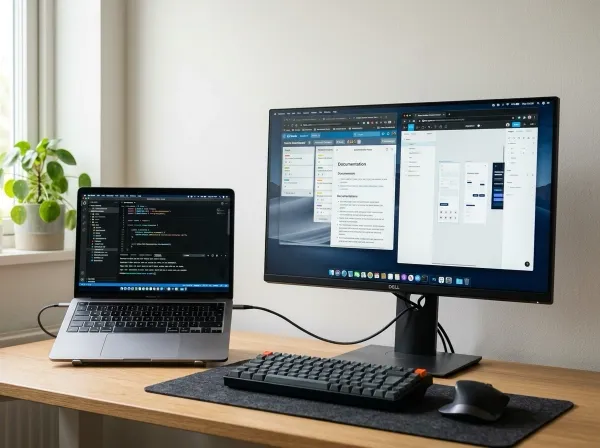 Laptop connected to an external monitor on a clean home office desk