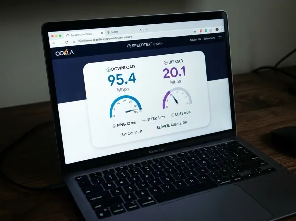 Laptop screen showing a speed test result with strong download and upload speeds