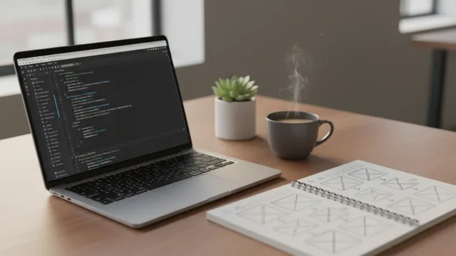 Laptop showing VS Code with an Astro project being built from a WordPress site migration