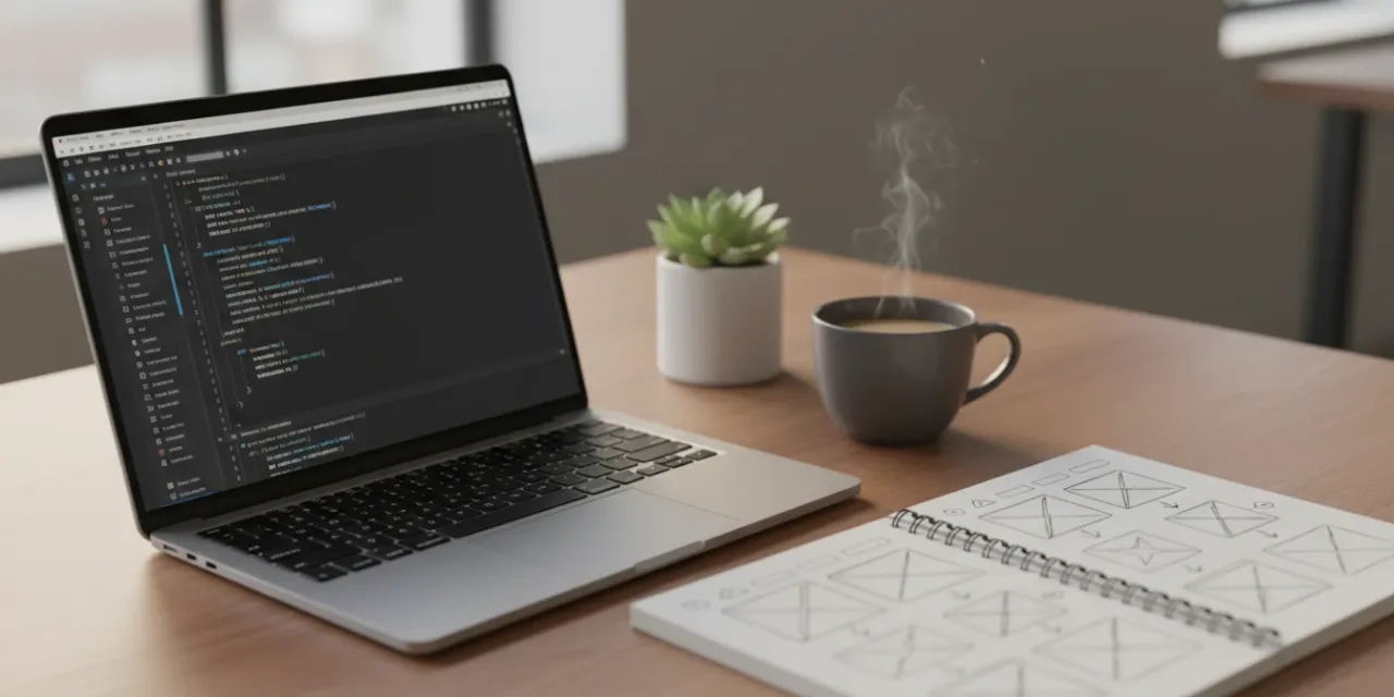 Laptop showing VS Code with an Astro project being built from a WordPress site migration