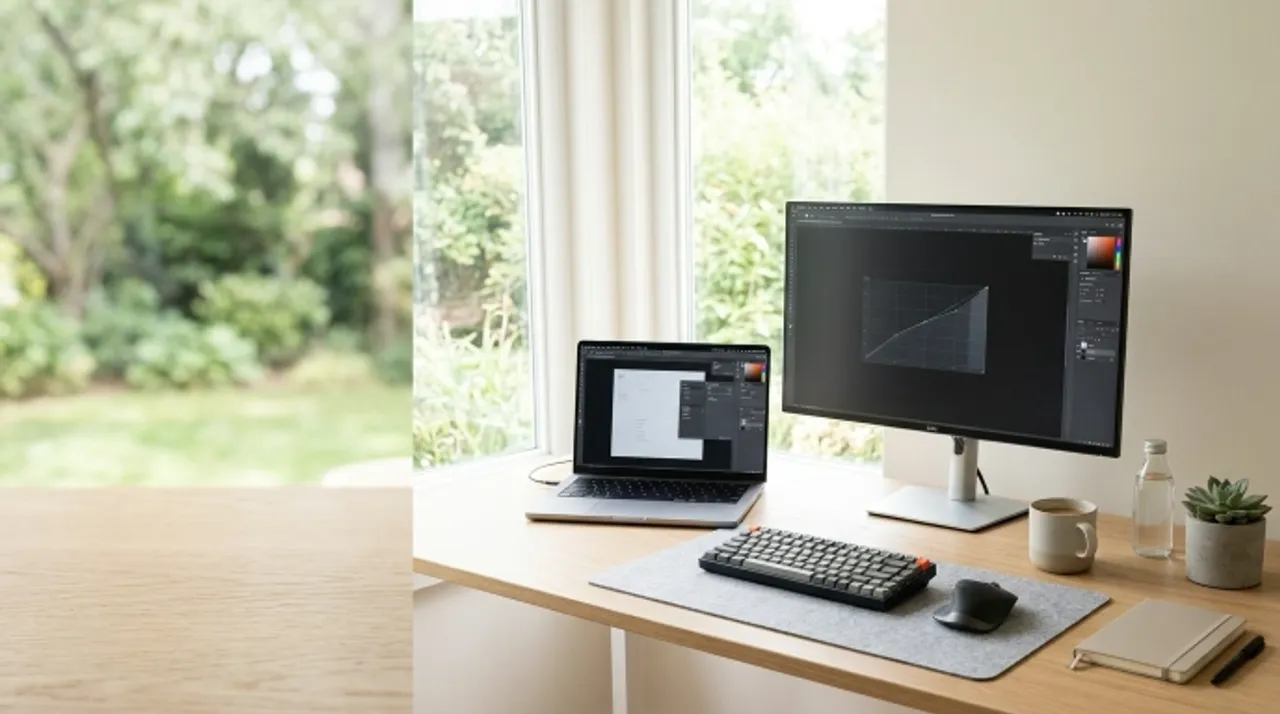 Home office setup with laptop and monitor on a clean desk, avoiding the daily commute