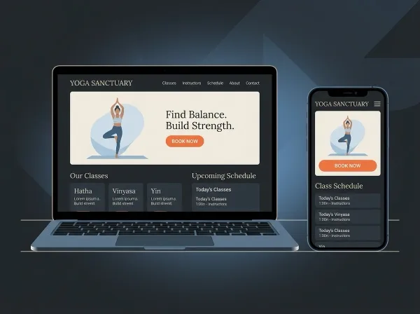 A yoga studio website on a laptop and phone showing online booking functionality