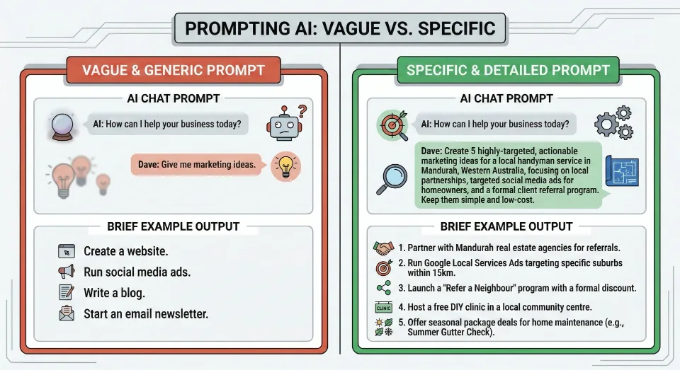Comparison of bad vs good AI prompts