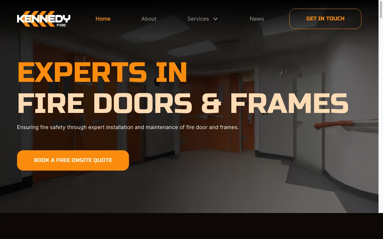 Kennedy Fire website homepage showcasing fire door compliance services