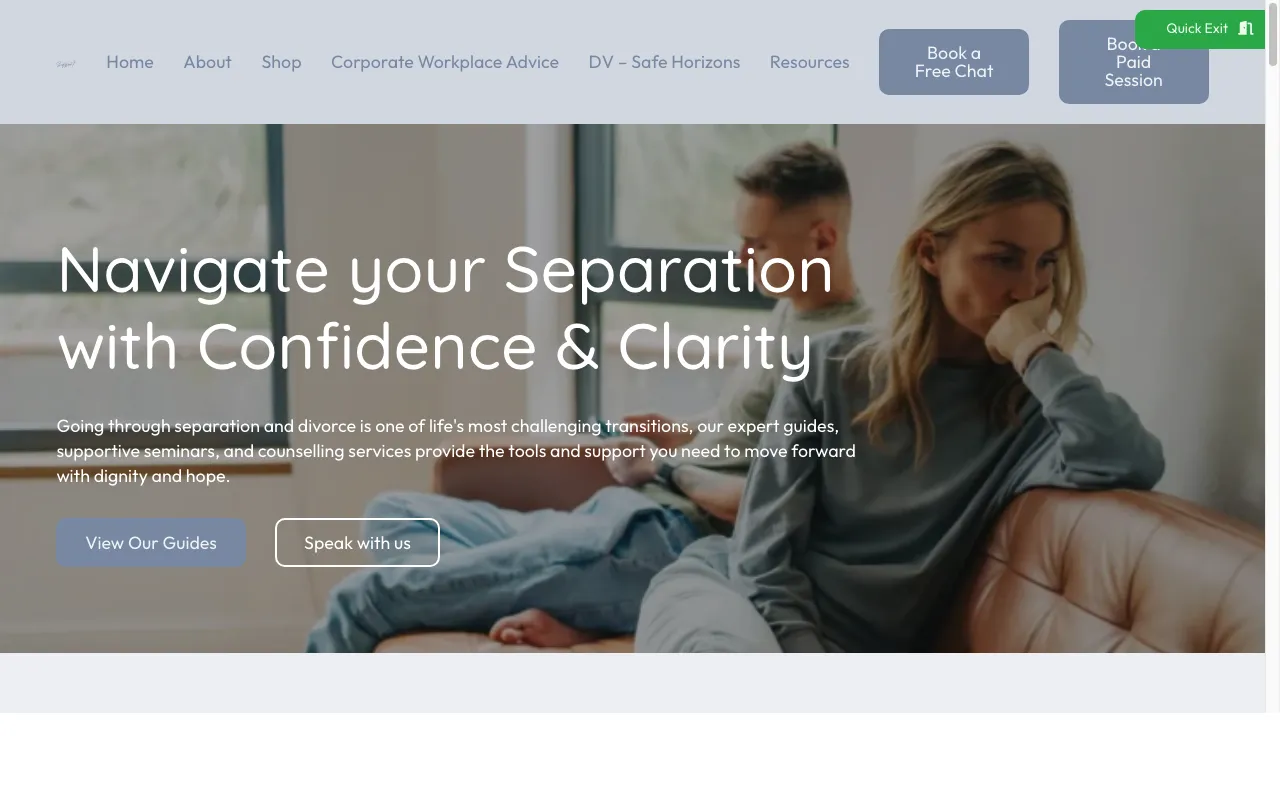 Separation Support Network website homepage showcasing support services for separation and divorce