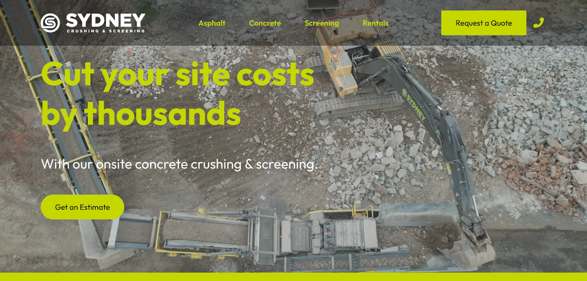 Sydney Crushing and Screening website homepage showcasing mobile crushing services