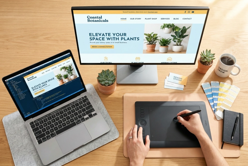 Mandurah business owner reviewing their new website on a laptop