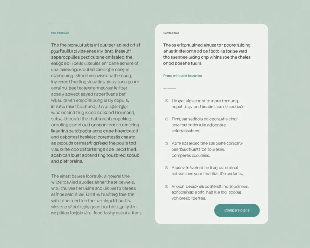 Side-by-side comparison of cluttered text versus clean, scannable copy with white space - Digital Den content optimisation