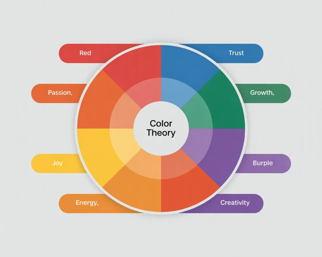 Color psychology wheel displaying emotional associations of different colors for landing page design - Digital Den visual strategy