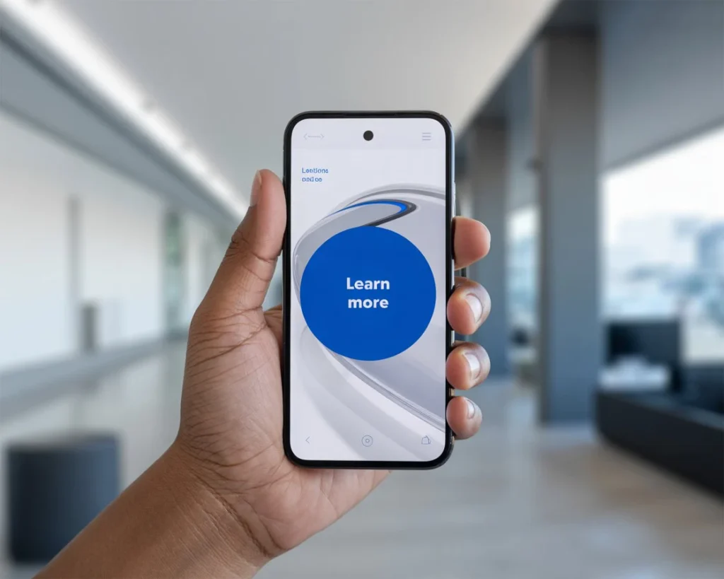 Hand holding smartphone displaying mobile-optimized landing page with prominent call-to-action button - Digital Den mobile design