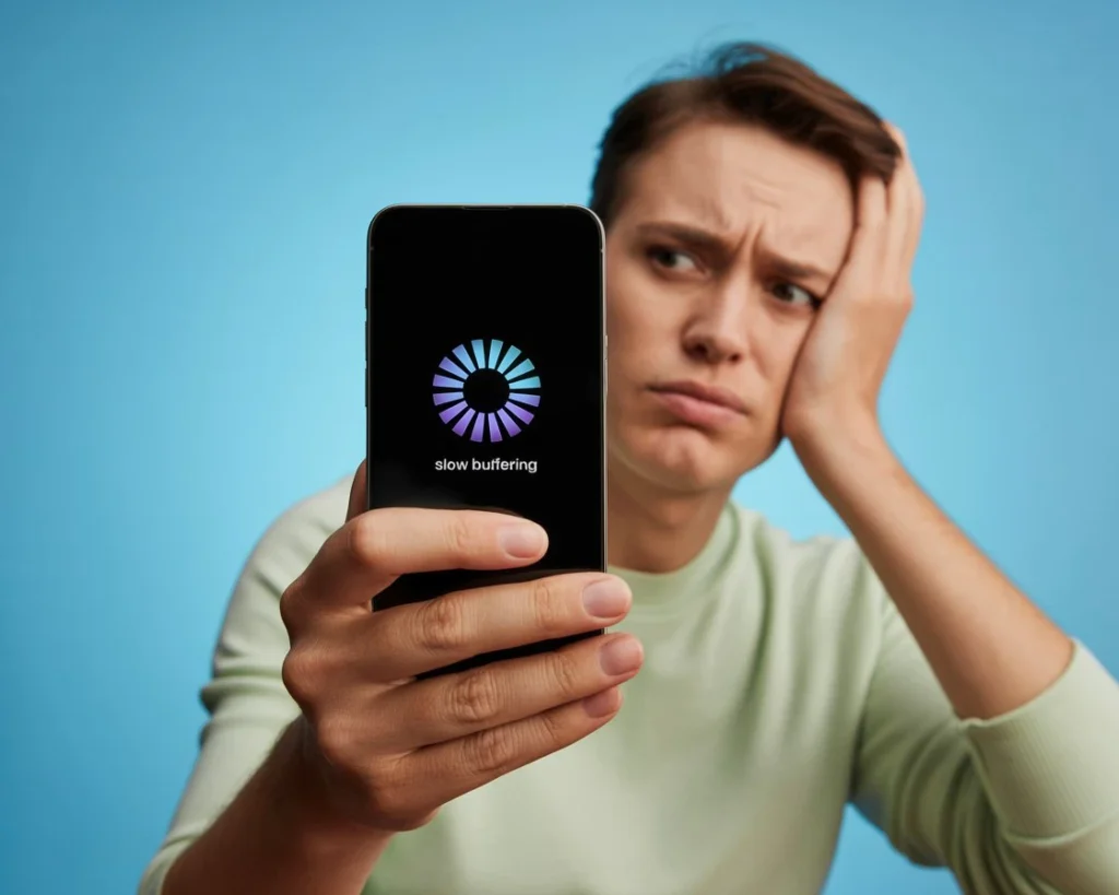 User frustrated by slow-loading mobile website with spinning loading icon - Digital Den page speed importance