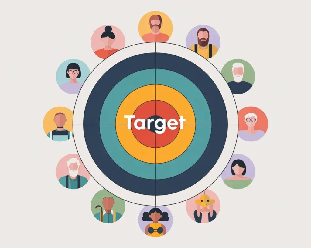 Bullseye target surrounded by diverse customer persona icons representing audience segmentation - Digital Den messaging strategy