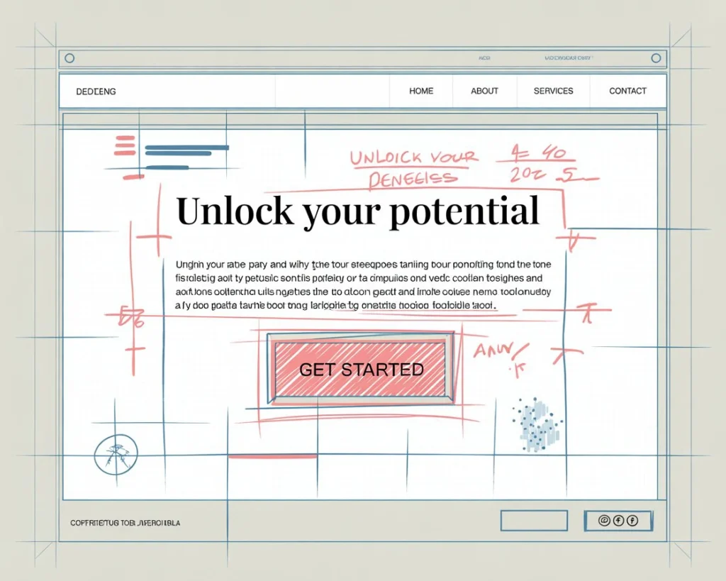 Landing page wireframe with highlighted headline, body copy, and call-to-action button with editing marks - Digital Den copywriting guide