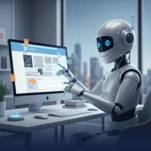 A robot in front of a computer building a website