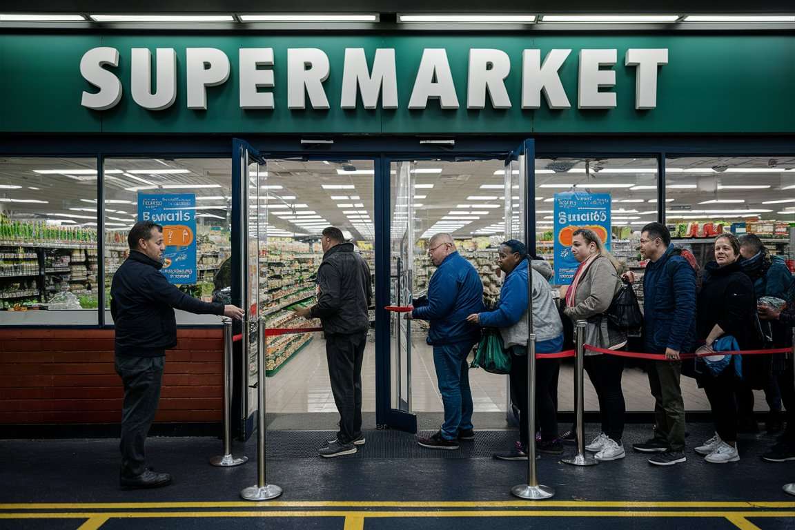 A Bouncer Out The Front Of A Supermarket Letting In Clients That Are Suitable