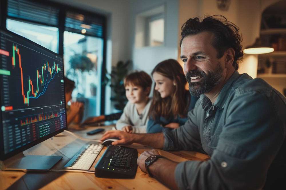 Dad At Home Dining Table With A Win In The Stock Market