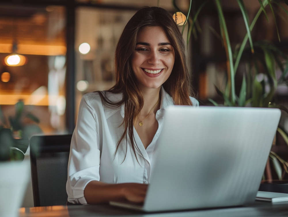 Female Worker On Her Laptop Using Google Search