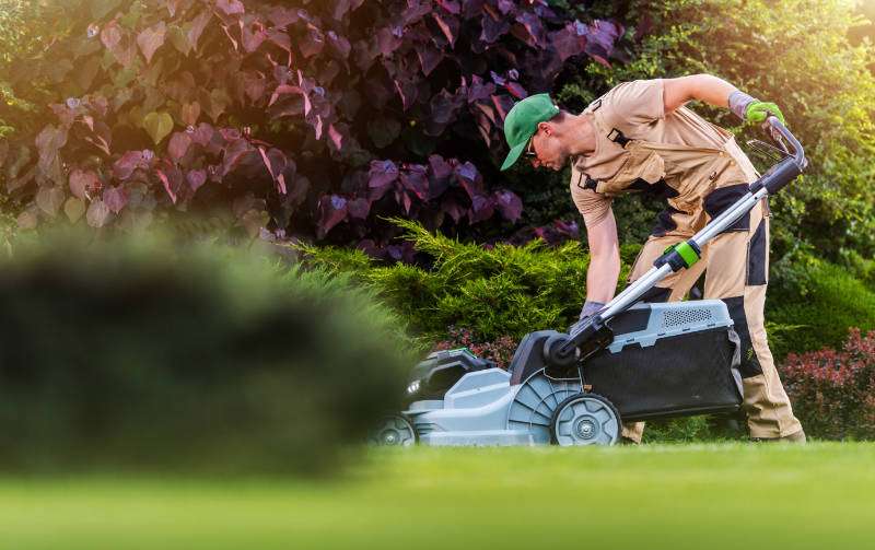 Garden And Landscaping Worker Mowing Backyard Lawn